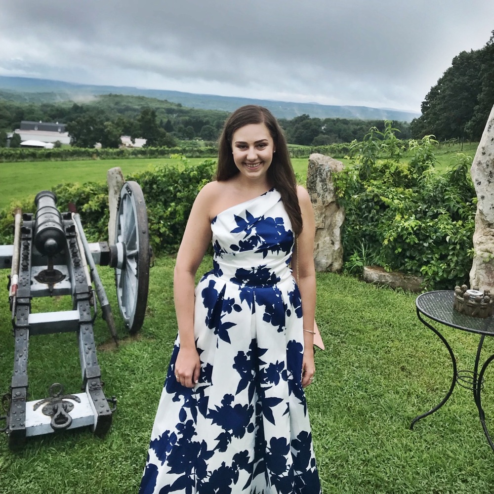 Blue and white floral ball gown